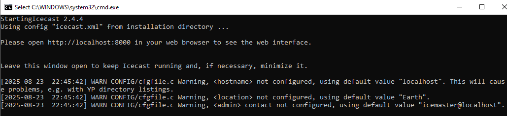 Server Icecast bežiaci v CLI. Default bez zmien