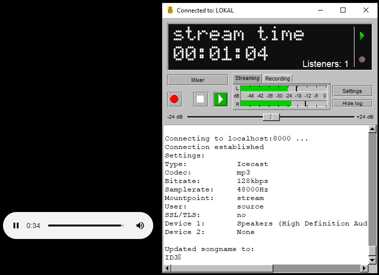 Bežiace streamovanie z BUTT na Icecast, ktorý stream distribuuje
