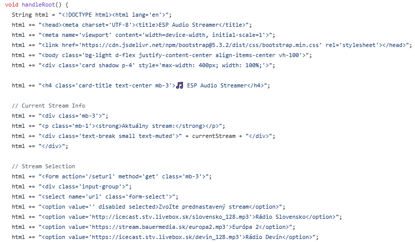Časť zdrojového kódu webservera bežiaceho na ESP32